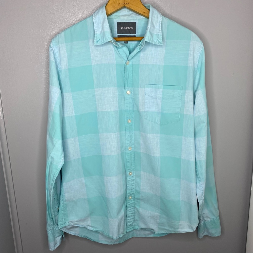 BONOBOS Teal Grid Pattern Plaid Button Down Shirt